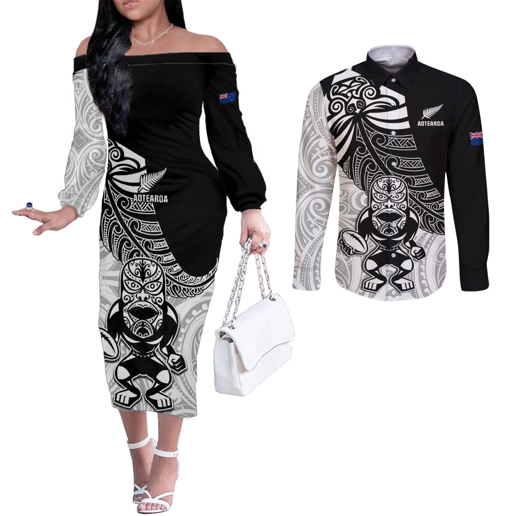 New Zealand Silver Fern Rugby Couples Matching Off The Shoulder Long Sleeve Dress and Long Sleeve Button Shirts World Cup 2023 Go Aotearoa Maori Pattern LT05 Black - Polynesian Pride