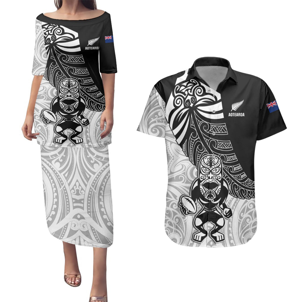 New Zealand Silver Fern Rugby Couples Matching Puletasi Dress and Hawaiian Shirt World Cup 2023 Go Aotearoa Maori Pattern LT05 Black - Polynesian Pride