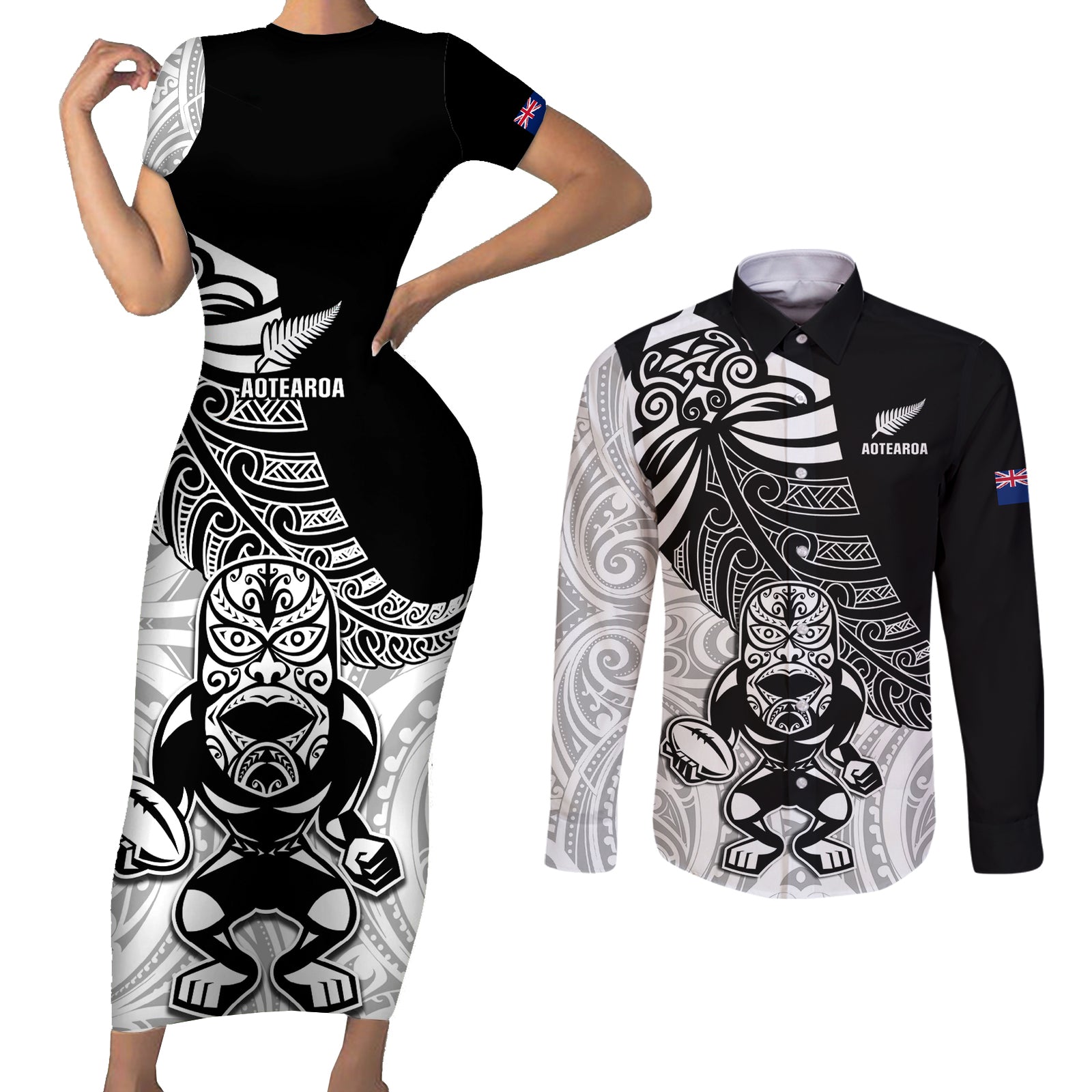 New Zealand Silver Fern Rugby Couples Matching Short Sleeve Bodycon Dress and Long Sleeve Button Shirts World Cup 2023 Go Aotearoa Maori Pattern LT05 Black - Polynesian Pride