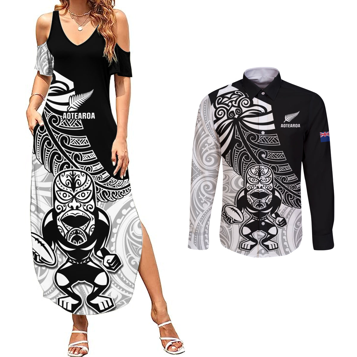 New Zealand Silver Fern Rugby Couples Matching Summer Maxi Dress and Long Sleeve Button Shirts World Cup 2023 Go Aotearoa Maori Pattern LT05 Black - Polynesian Pride