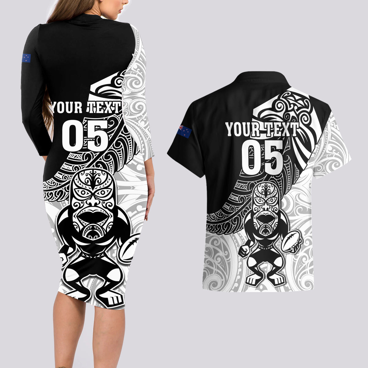 Custom New Zealand Fern Rugby Couples Matching Long Sleeve Bodycon Dress and Hawaiian Shirt World Cup 2023 Go Aotearoa Maori Pattern LT05 - Polynesian Pride