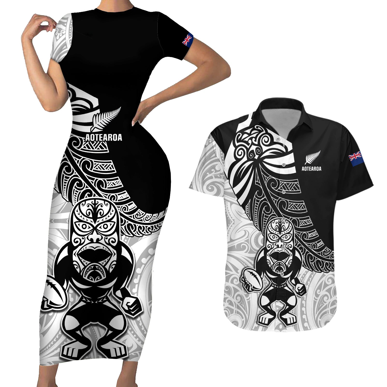 Custom New Zealand Fern Rugby Couples Matching Short Sleeve Bodycon Dress and Hawaiian Shirt World Cup 2023 Go Aotearoa Maori Pattern LT05 Black - Polynesian Pride