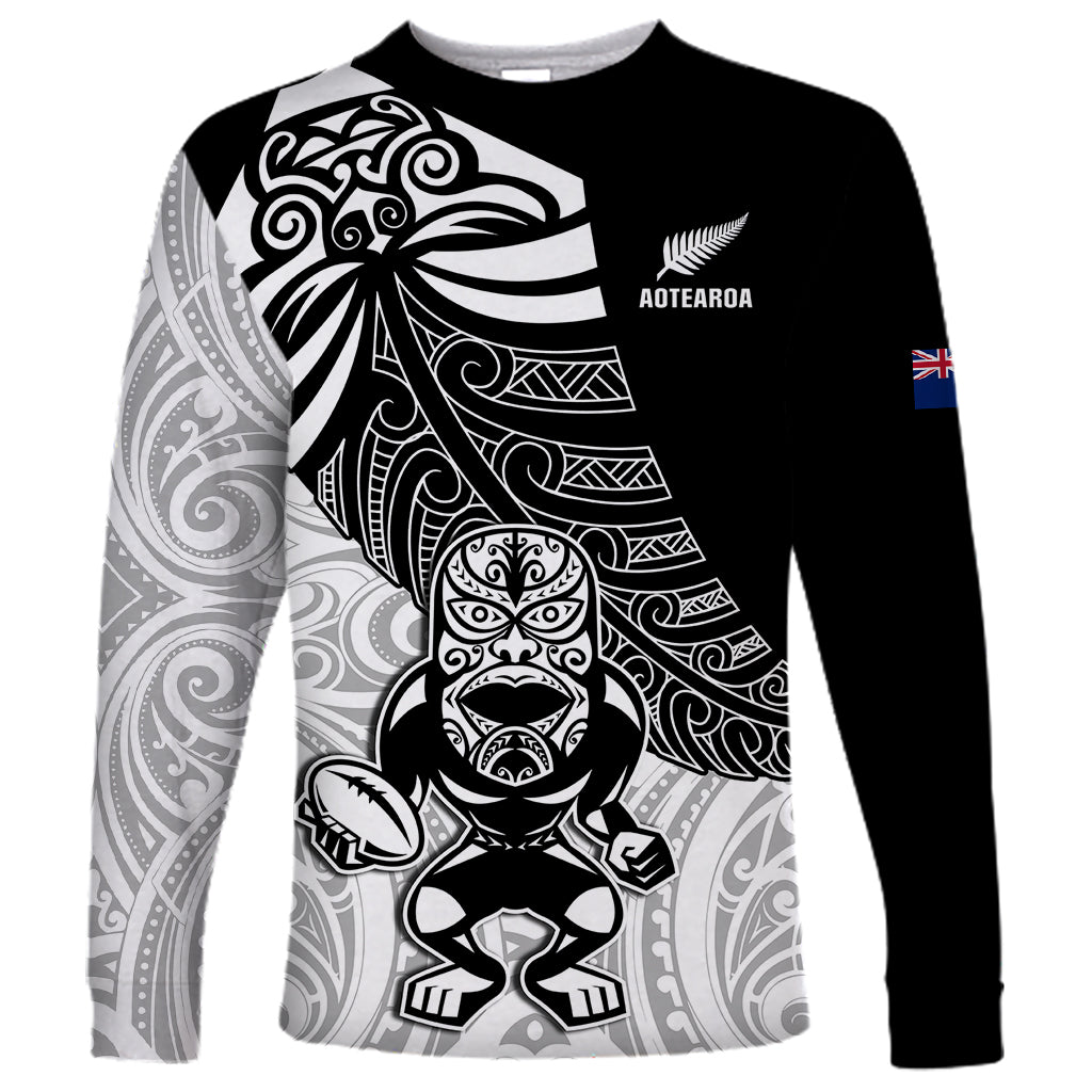 Custom New Zealand Fern Rugby Long Sleeve Shirt World Cup 2023 Go Aotearoa Maori Pattern LT05 Unisex Black - Polynesian Pride