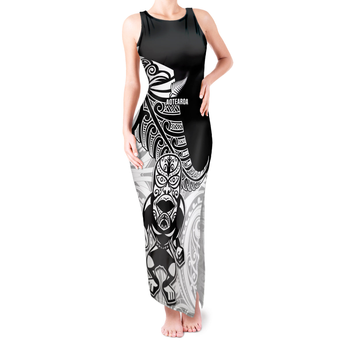 Custom New Zealand Fern Rugby Tank Maxi Dress World Cup 2023 Go Aotearoa Maori Pattern LT05 Women Black - Polynesian Pride