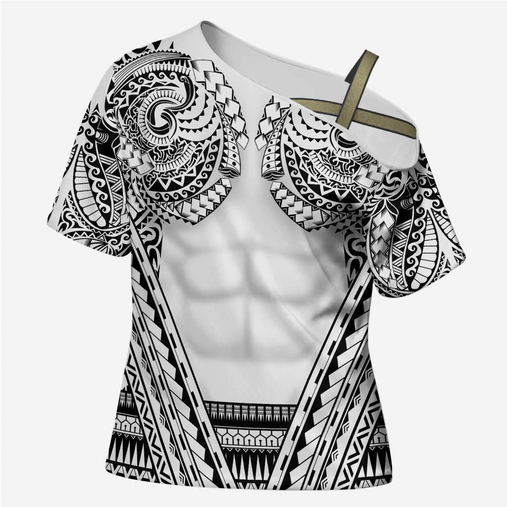 Polynesian Tattoo Inspired Cosplay Costume Cross Shoulder Shirt Tribal Warrior White - Polynesian Pride