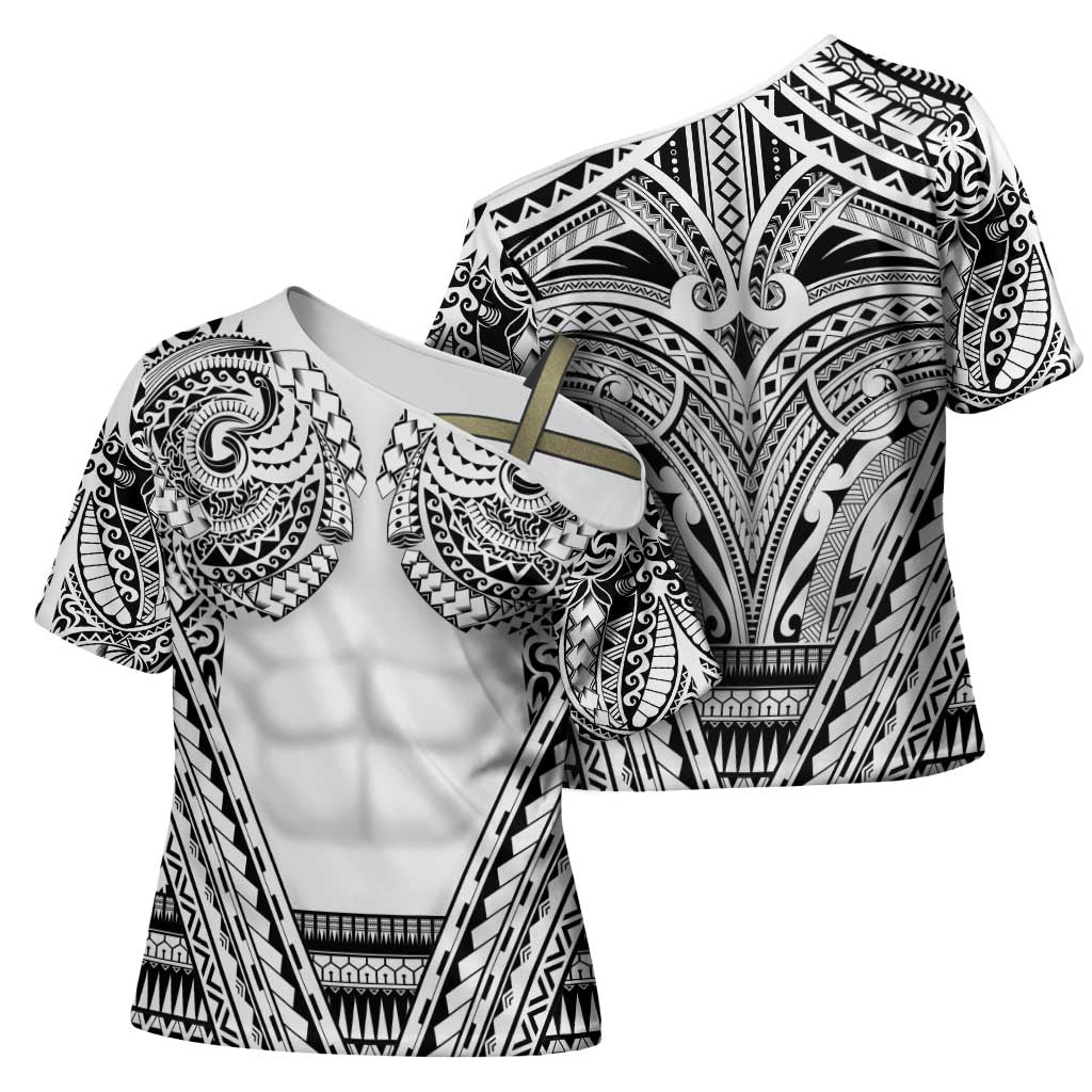 Polynesian Tattoo Inspired Cosplay Costume Cross Shoulder Shirt Tribal Warrior White - Polynesian Pride