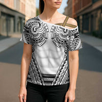 Polynesian Tattoo Inspired Cosplay Costume Cross Shoulder Shirt Tribal Warrior White - Polynesian Pride