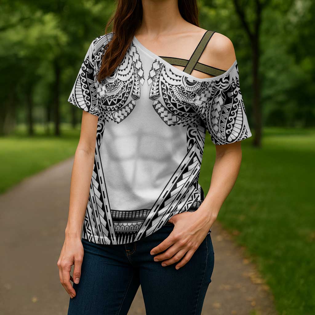 Polynesian Tattoo Inspired Cosplay Costume Cross Shoulder Shirt Tribal Warrior White - Polynesian Pride