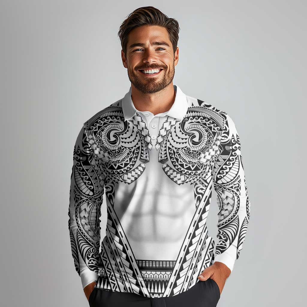 Polynesian Tattoo Inspired Cosplay Costume Long Sleeve Polo Shirt Tribal Warrior White - Polynesian Pride