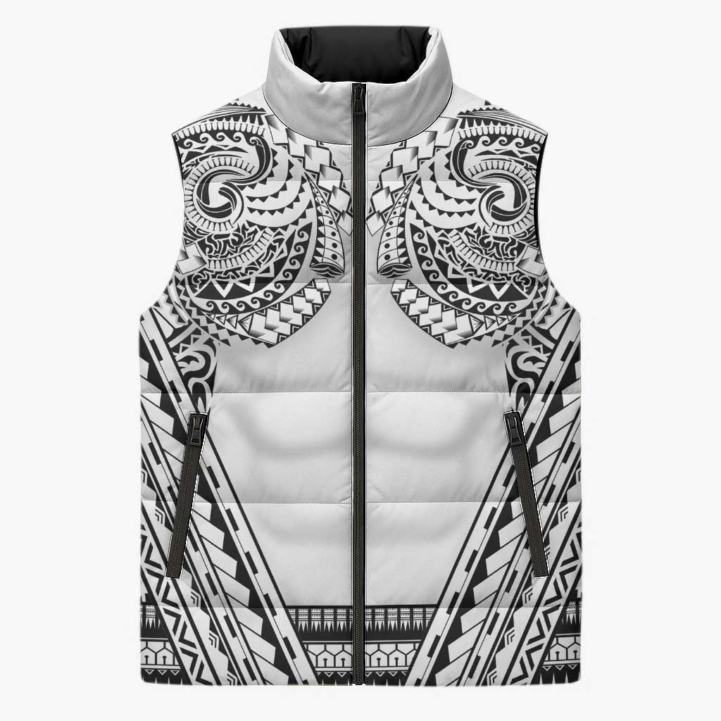 Polynesian Tattoo Inspired Cosplay Costume Sleeveless Puffer Jacket Tribal Warrior White - Polynesian Pride