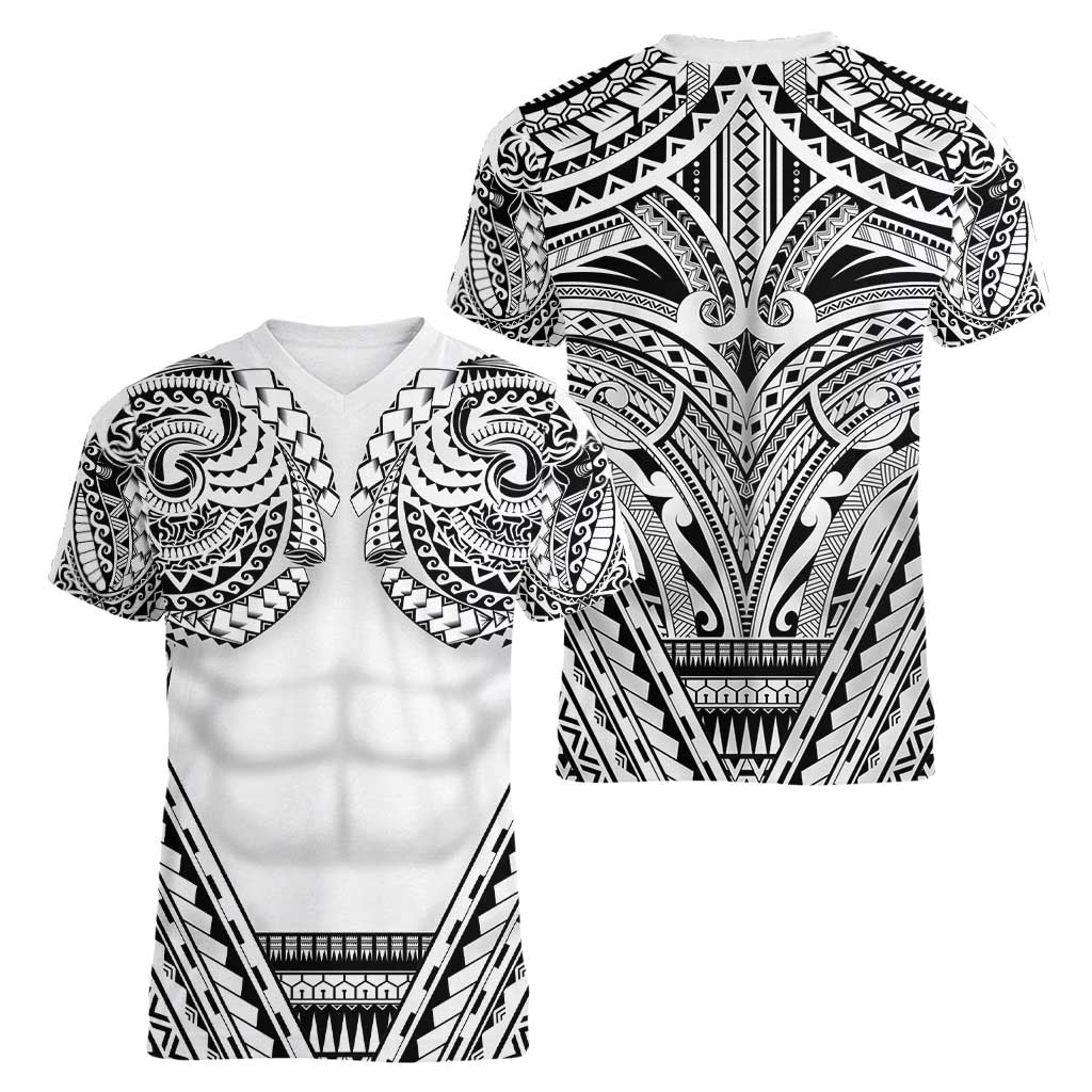 Polynesian Tattoo Inspired Cosplay Costume Women V-Neck T-Shirt Tribal Warrior White - Polynesian Pride