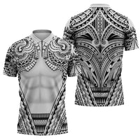 Polynesian Tattoo Inspired Cosplay Costume Zipper Polo Shirt Tribal Warrior White - Polynesian Pride