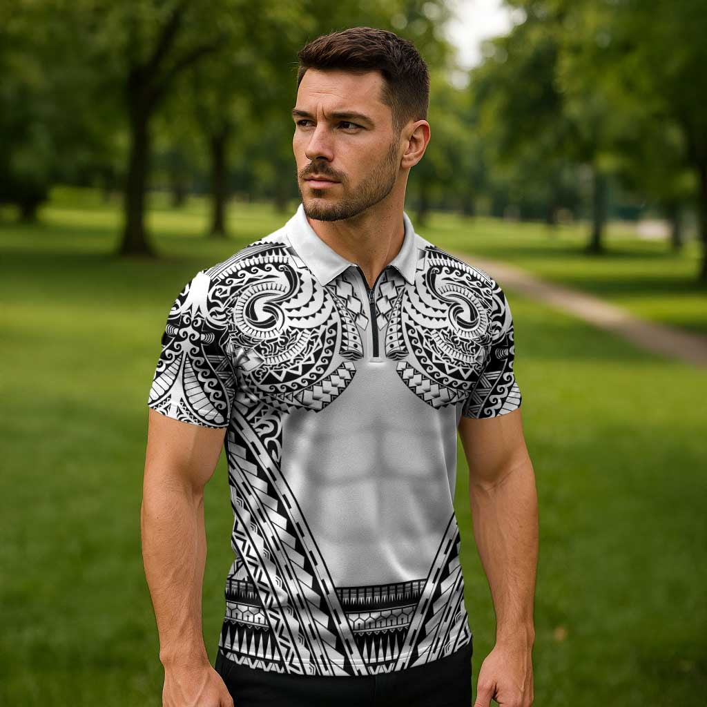 Polynesian Tattoo Inspired Cosplay Costume Zipper Polo Shirt Tribal Warrior White - Polynesian Pride