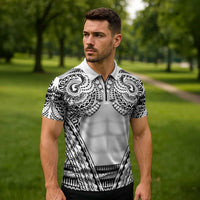Polynesian Tattoo Inspired Cosplay Costume Zipper Polo Shirt Tribal Warrior White - Polynesian Pride