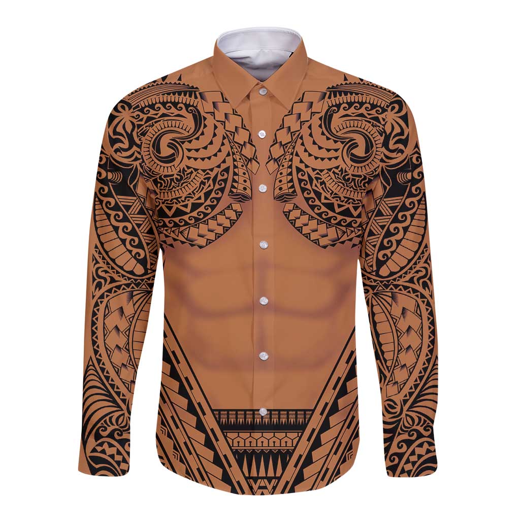 Polynesian Tattoo Inspired Cosplay Costume Long Sleeve Button Shirt Tribal Warrior - Polynesian Pride