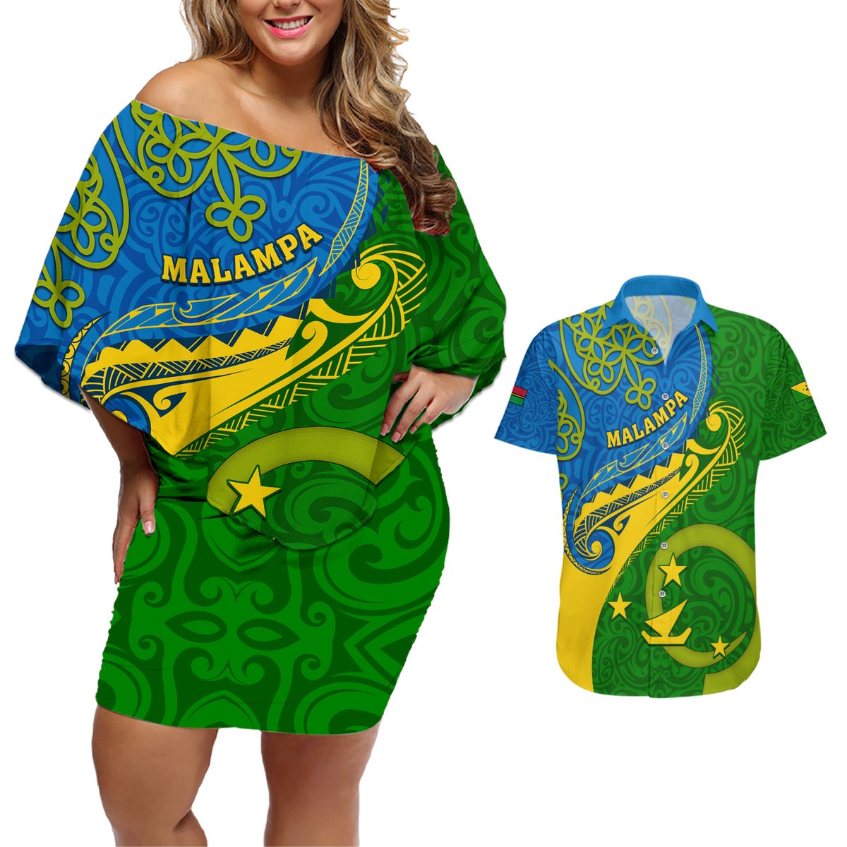malampa-day-couples-matching-off-shoulder-short-dress-and-hawaiian-shirt-sand-drawing-vanuatuan-pattern