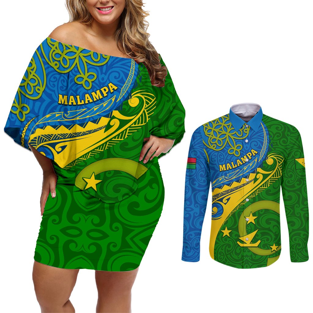 malampa-day-couples-matching-off-shoulder-short-dress-and-long-sleeve-button-shirts-sand-drawing-vanuatuan-pattern