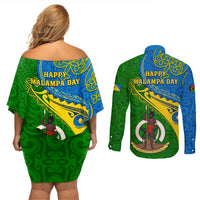 malampa-day-couples-matching-off-shoulder-short-dress-and-long-sleeve-button-shirts-sand-drawing-vanuatuan-pattern