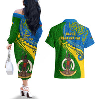 malampa-day-couples-matching-off-the-shoulder-long-sleeve-dress-and-hawaiian-shirt-sand-drawing-vanuatuan-pattern