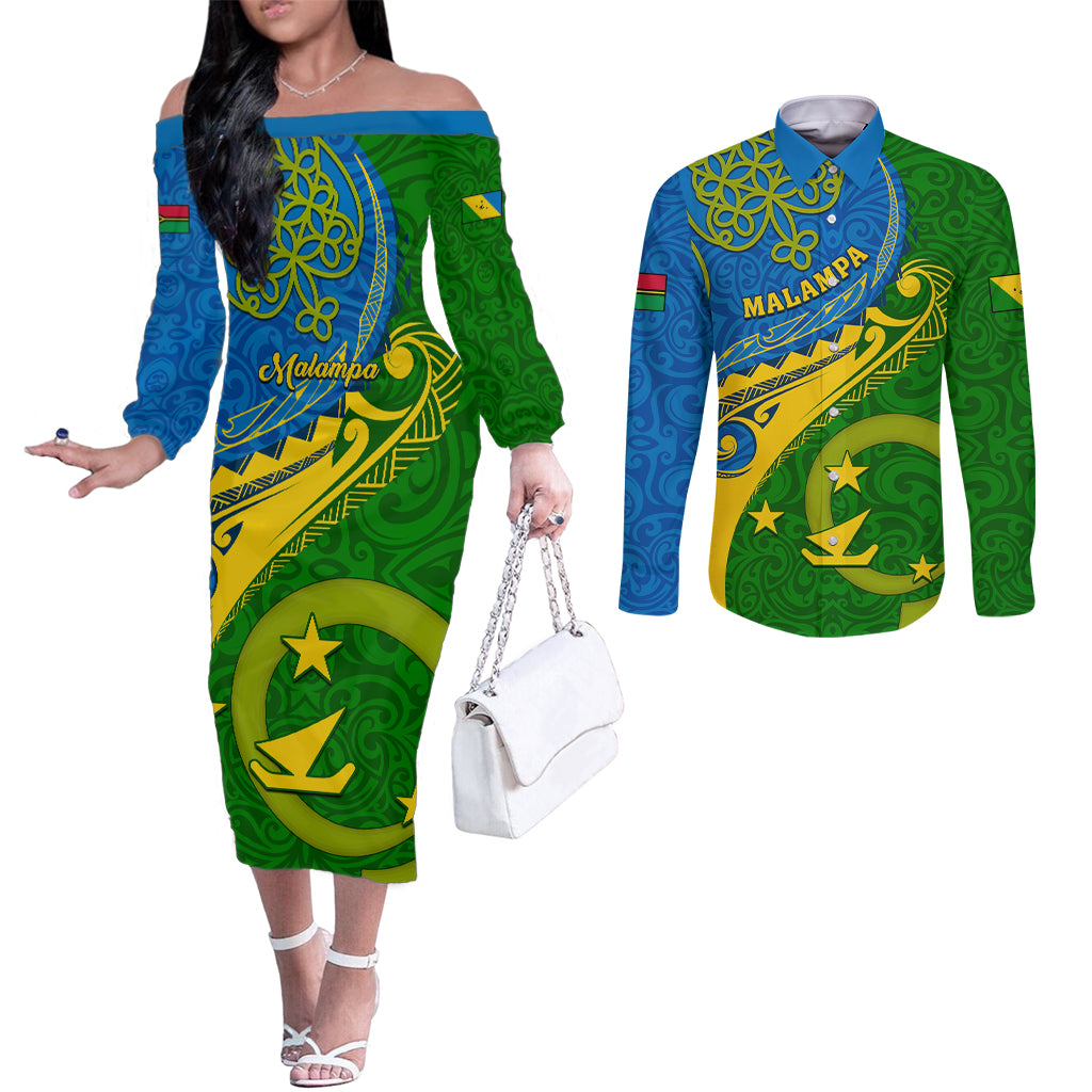 malampa-day-couples-matching-off-the-shoulder-long-sleeve-dress-and-long-sleeve-button-shirts-sand-drawing-vanuatuan-pattern
