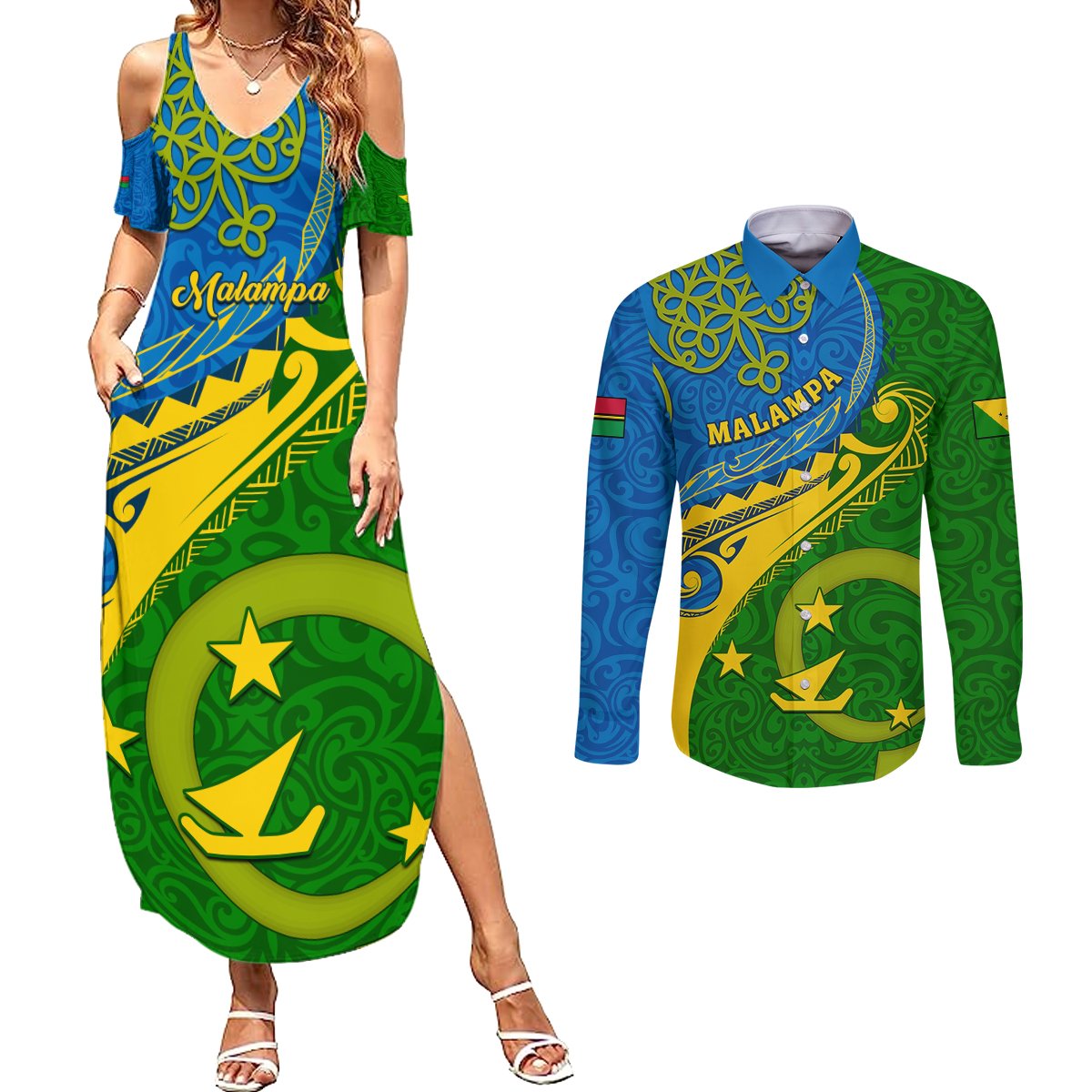 malampa-day-couples-matching-summer-maxi-dress-and-long-sleeve-button-shirts-sand-drawing-vanuatuan-pattern