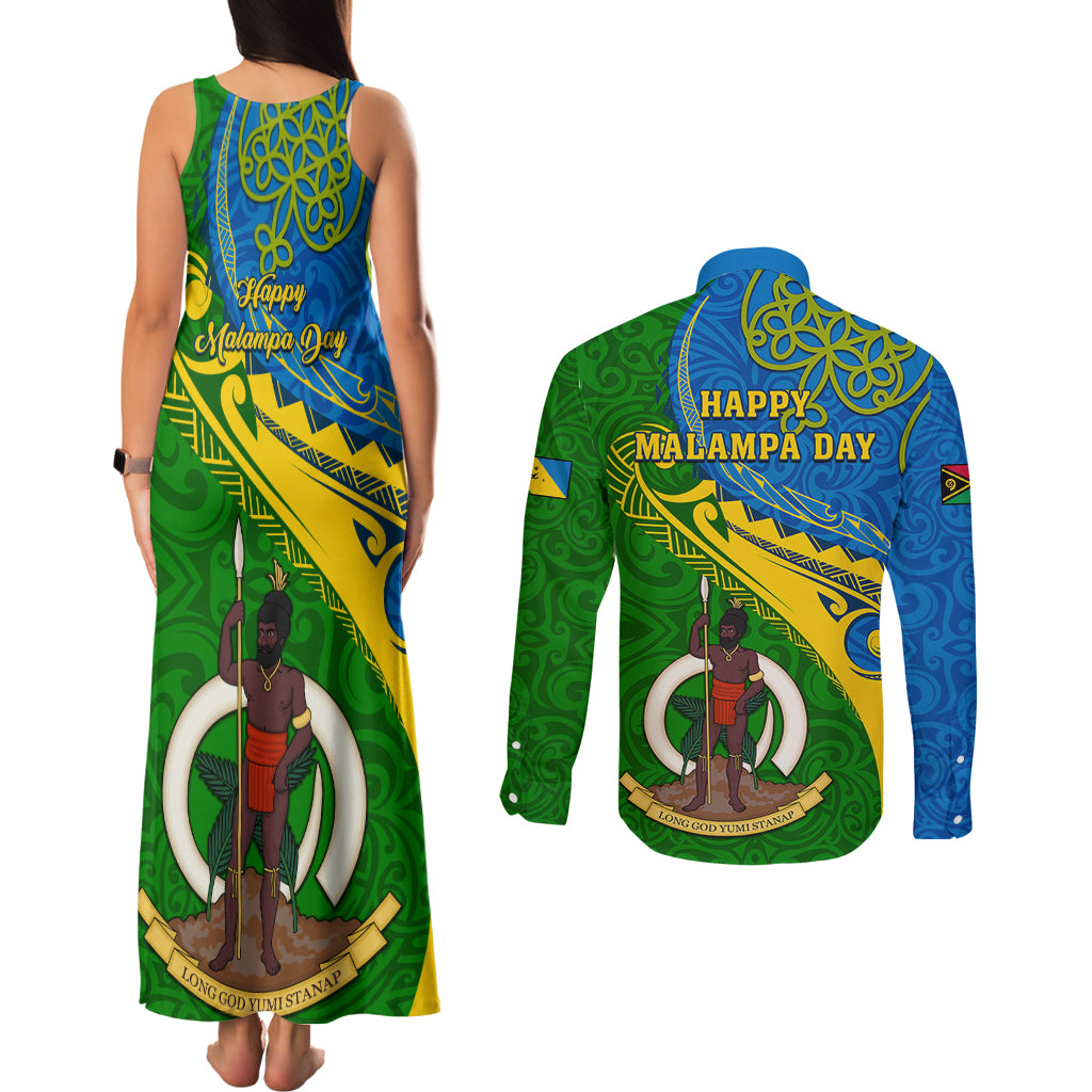 malampa-day-couples-matching-tank-maxi-dress-and-long-sleeve-button-shirts-sand-drawing-vanuatuan-pattern