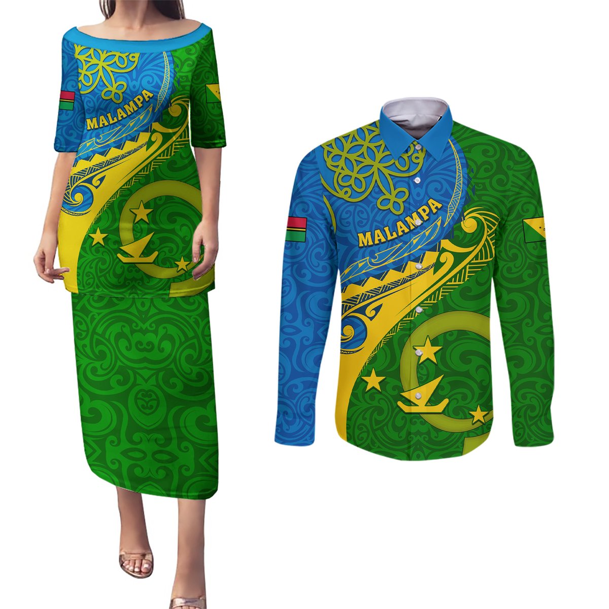 personalized-malampa-day-couples-matching-puletasi-dress-and-long-sleeve-button-shirts-sand-drawing-vanuatuan-pattern