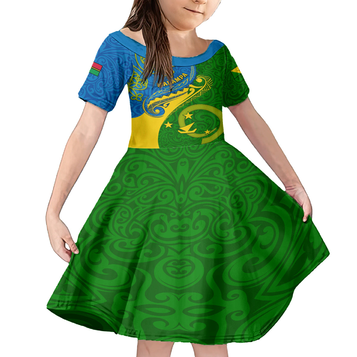 Personalized Malampa Day Family Matching Tank Maxi Dress and Hawaiian Shirt Sand Drawing Vanuatuan Pattern LT05 Daughter's Dress Green - Polynesian Pride