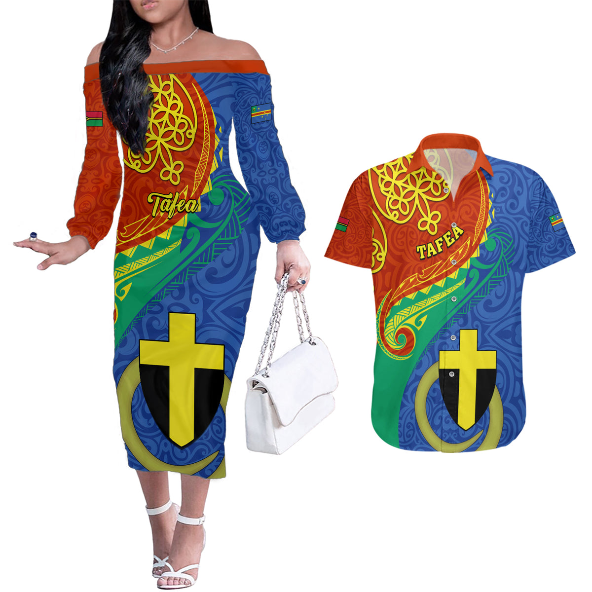 tafea-day-couples-matching-off-the-shoulder-long-sleeve-dress-and-hawaiian-shirt-sand-drawing-vanuatuan-pattern