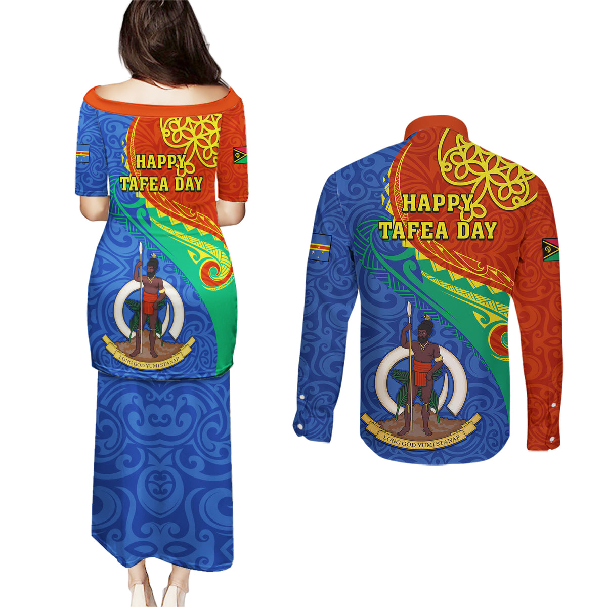 tafea-day-couples-matching-puletasi-dress-and-long-sleeve-button-shirts-sand-drawing-vanuatuan-pattern