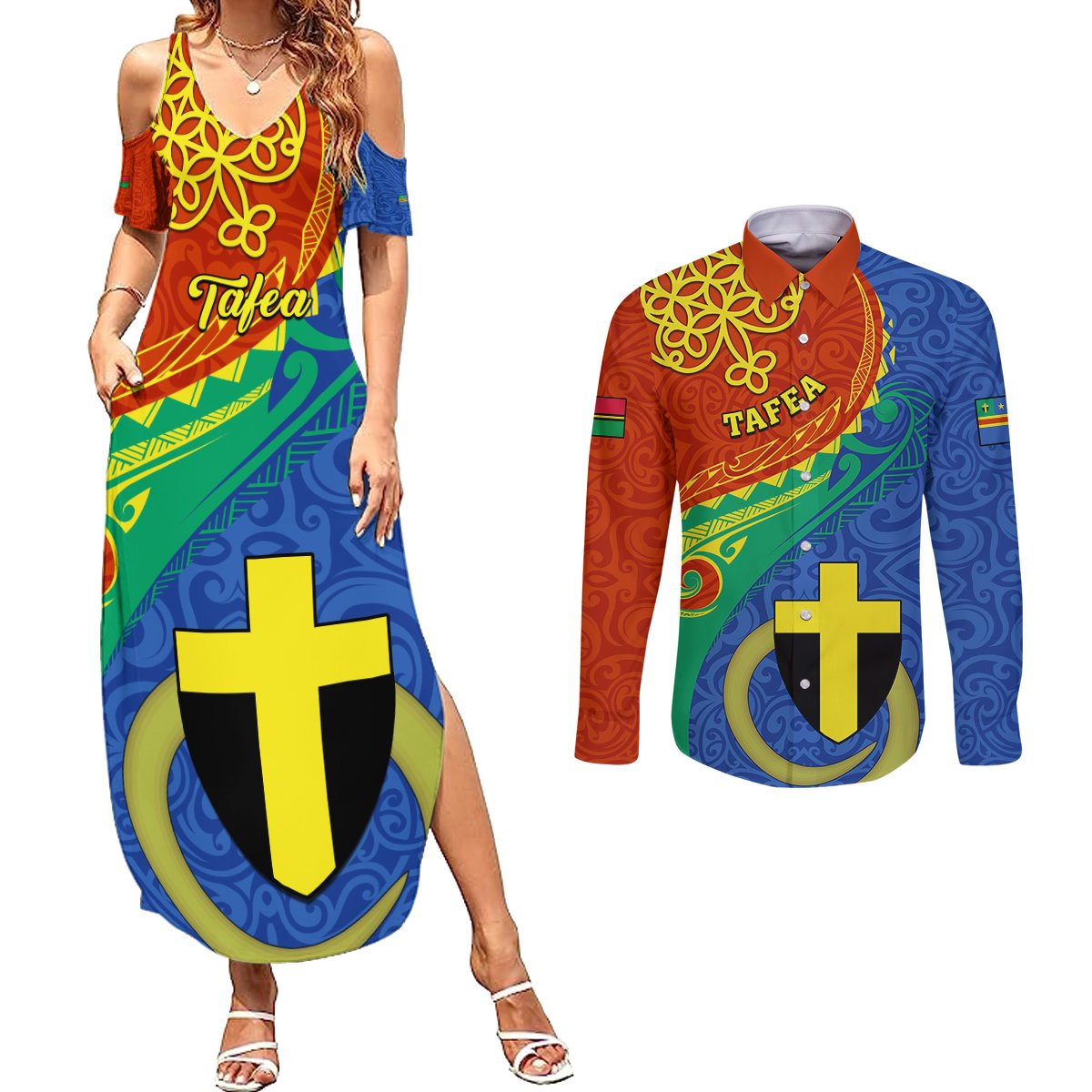 tafea-day-couples-matching-summer-maxi-dress-and-long-sleeve-button-shirts-sand-drawing-vanuatuan-pattern