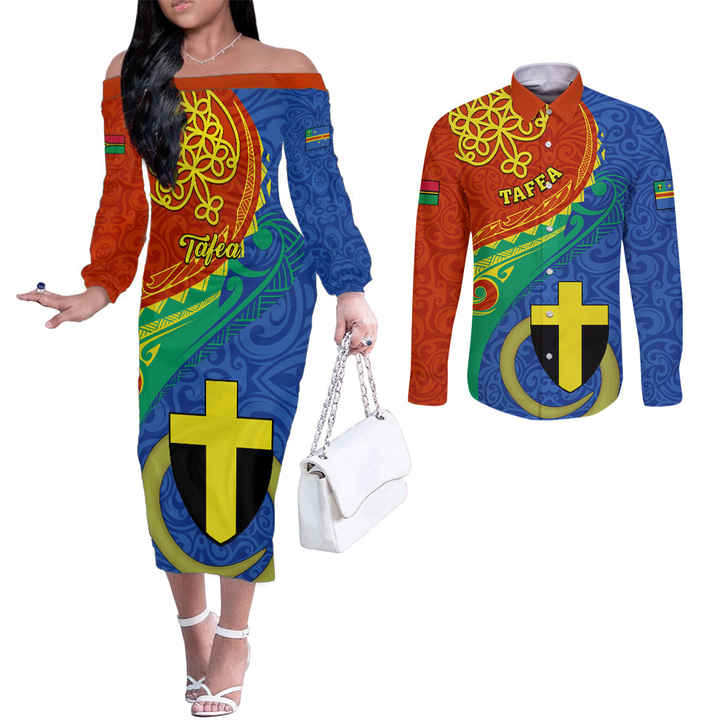 personalized-tafea-day-couples-matching-off-the-shoulder-long-sleeve-dress-and-long-sleeve-button-shirts-sand-drawing-vanuatuan-pattern
