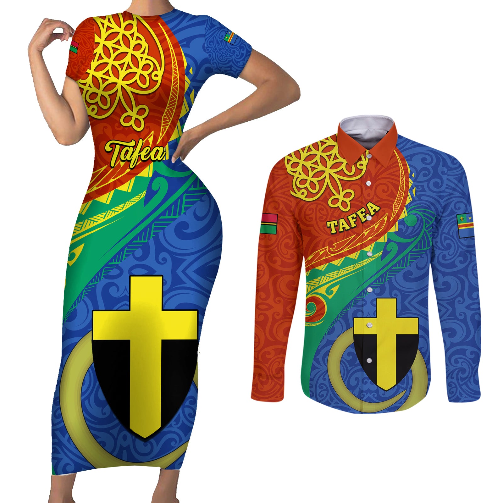 personalized-tafea-day-couples-matching-short-sleeve-bodycon-dress-and-long-sleeve-button-shirts-sand-drawing-vanuatuan-pattern