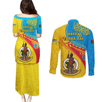 torba-day-couples-matching-puletasi-dress-and-long-sleeve-button-shirts-sand-drawing-vanuatuan-pattern