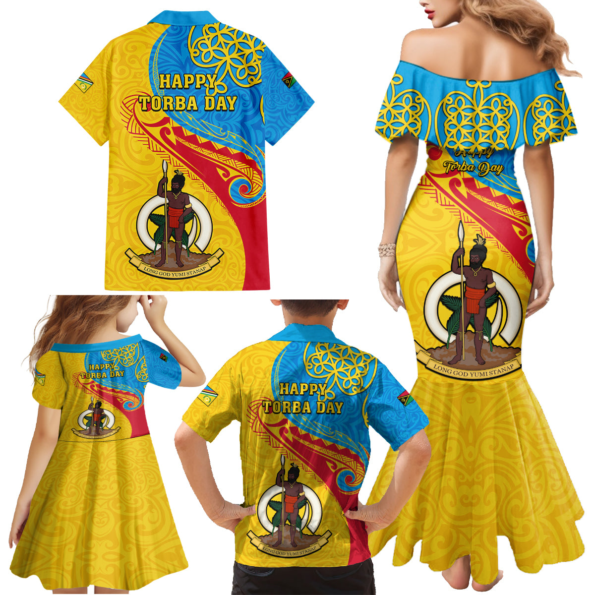 torba-day-family-matching-mermaid-dress-and-hawaiian-shirt-sand-drawing-vanuatuan-pattern