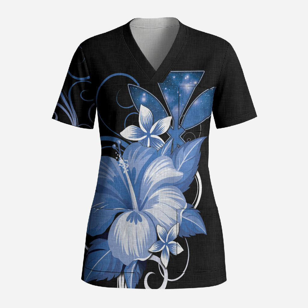 Hawaii Makahiki Kanaka Maoli Scrub Top Blue Hibiscus Floral Vibes LT05 Adult Blue - Polynesian Pride