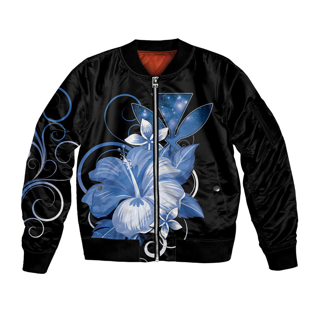 Hawaii Makahiki Kanaka Maoli Sleeve Zip Bomber Jacket Blue Hibiscus Floral Vibes LT05 Unisex Blue - Polynesian Pride