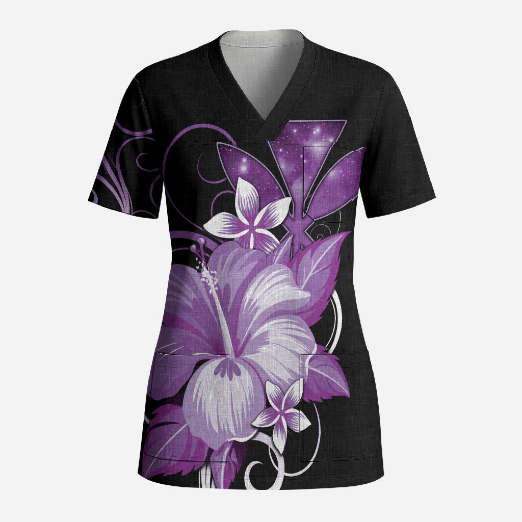 Hawaii Makahiki Kanaka Maoli Scrub Top Purple Hibiscus Floral Vibes LT05 Adult Purple - Polynesian Pride