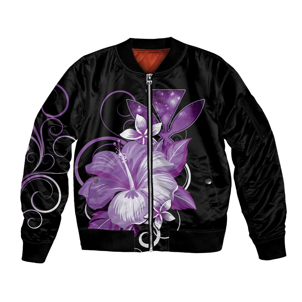 Hawaii Makahiki Kanaka Maoli Sleeve Zip Bomber Jacket Purple Hibiscus Floral Vibes LT05 Unisex Purple - Polynesian Pride