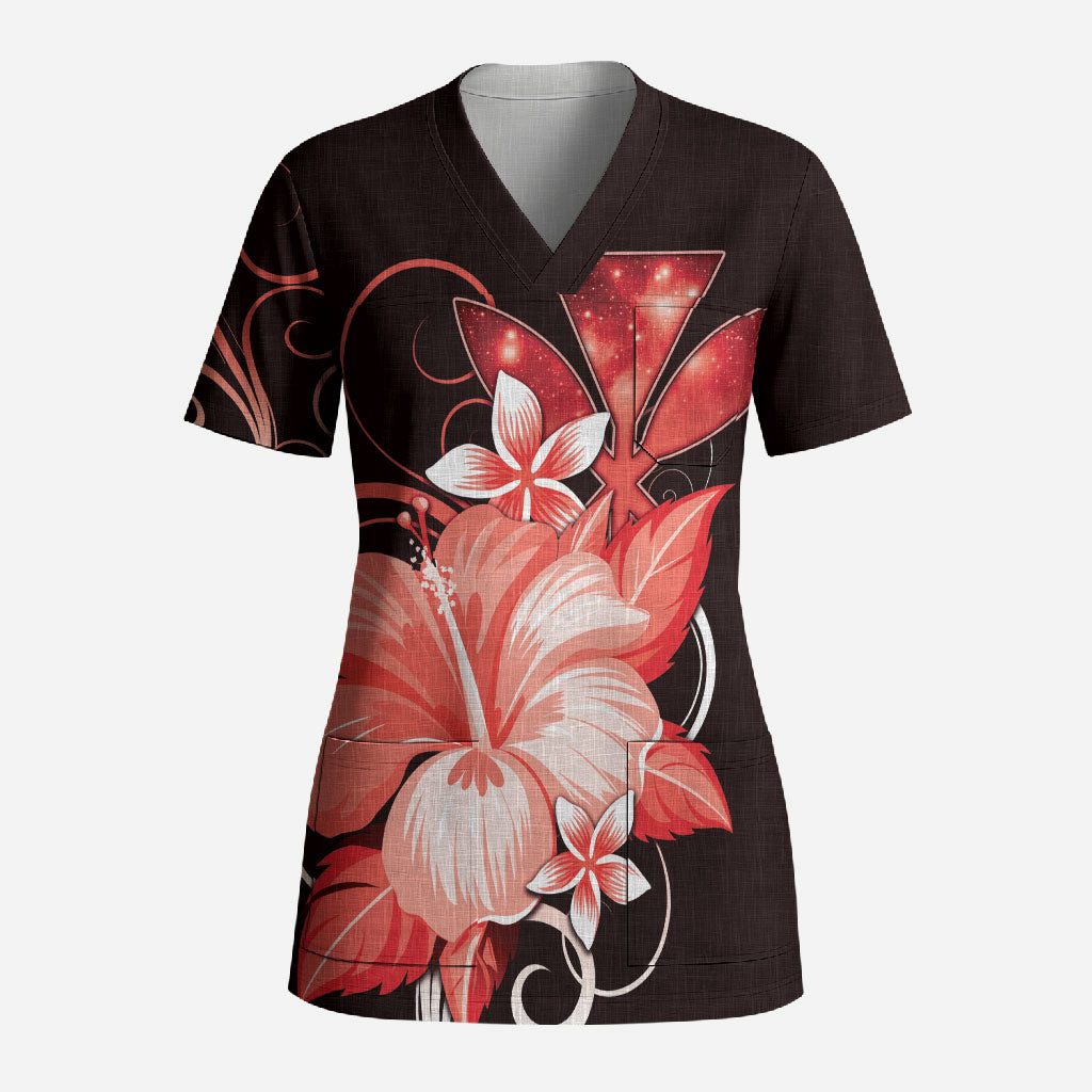 Hawaii Makahiki Kanaka Maoli Scrub Top Red Hibiscus Floral Vibes LT05 Adult Red - Polynesian Pride