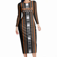 Personalised Vaitele Samoa Long Sleeve Bodycon Dress Samoan Tribal Pattern LT05 Long Dress Orange - Polynesian Pride