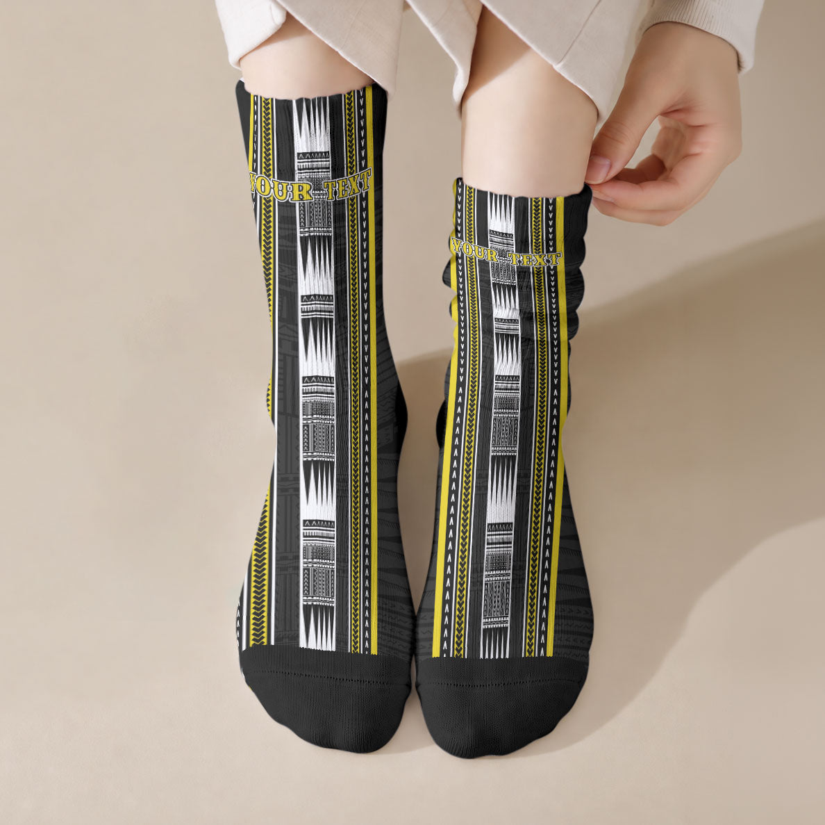Personalised Faleasiu Samoa Crew Socks Samoan Tribal Pattern LT05 Crew Socks Yellow - Polynesian Pride
