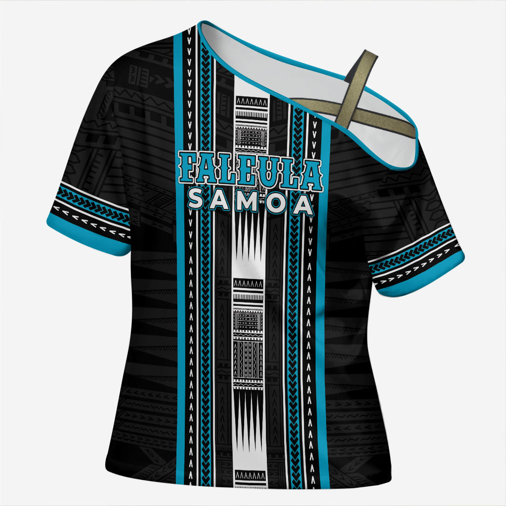 Personalised Faleula Samoa Cross Shoulder Shirt Samoan Tribal Pattern LT05 Female Blue - Polynesian Pride