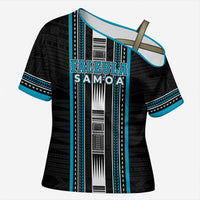 Personalised Faleula Samoa Cross Shoulder Shirt Samoan Tribal Pattern LT05 Female Blue - Polynesian Pride