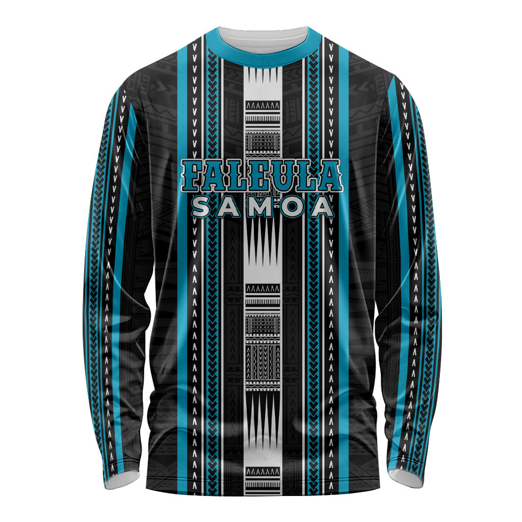 Personalised Faleula Samoa Long Sleeve Shirt Samoan Tribal Pattern LT05 Unisex Blue - Polynesian Pride