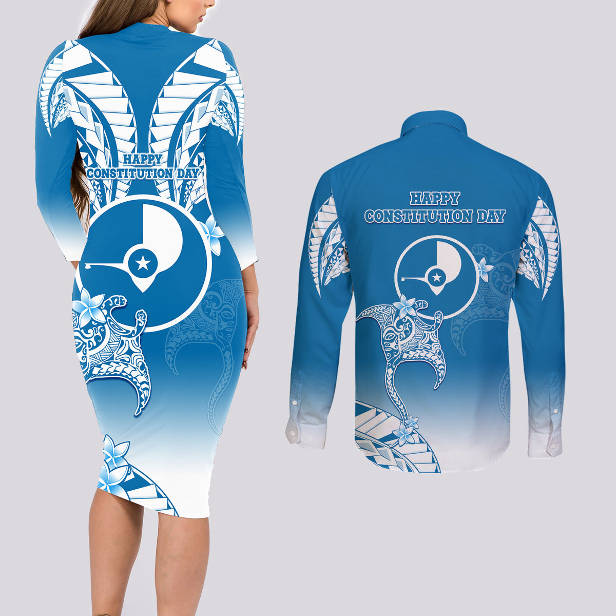 FSM Yap Constitution Day Couples Matching Long Sleeve Bodycon Dress and Long Sleeve Button Shirt Polynesian Batoids LT05 - Polynesian Pride