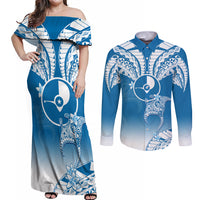 FSM Yap Constitution Day Couples Matching Off Shoulder Maxi Dress and Long Sleeve Button Shirt Polynesian Batoids LT05 Blue - Polynesian Pride