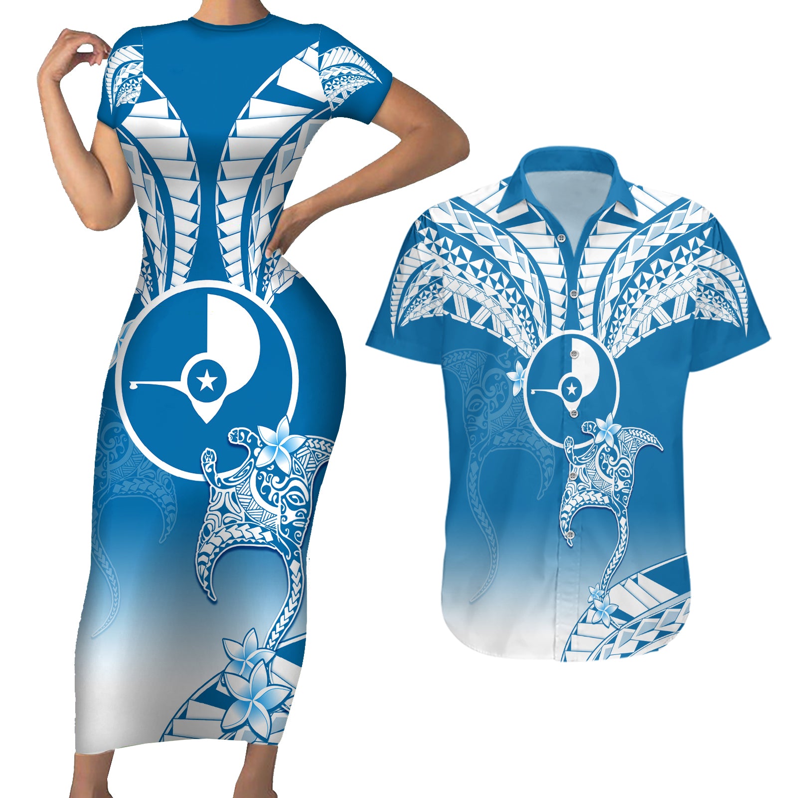 FSM Yap Constitution Day Couples Matching Short Sleeve Bodycon Dress and Hawaiian Shirt Polynesian Batoids LT05 Blue - Polynesian Pride