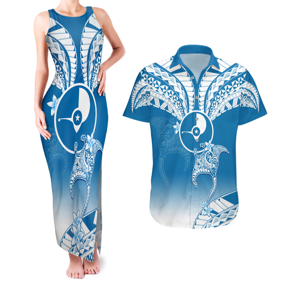 FSM Yap Constitution Day Couples Matching Tank Maxi Dress and Hawaiian Shirt Polynesian Batoids LT05 Blue - Polynesian Pride