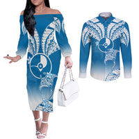 Personalised FSM Yap Constitution Day Couples Matching Off The Shoulder Long Sleeve Dress and Long Sleeve Button Shirt Polynesian Batoids LT05 Blue - Polynesian Pride